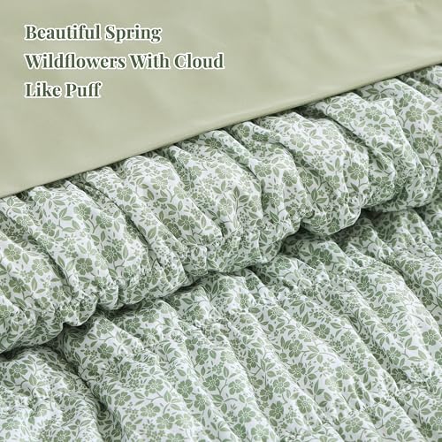 BLOOMHAVEN Full Size Comforter Sets-7 Pieces Puff Sage Green Floral Bedding Set for All Seasons, Shabby Chic Farmhouse Bed in a Bag Full with Floral Comforter, Sheets, Pillowcases & Shams BLOOMHAVEN