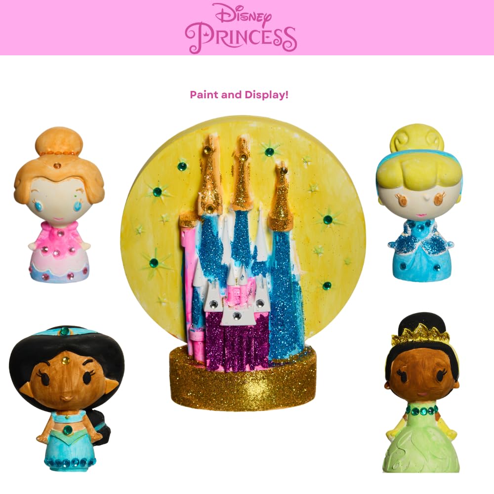 Disney Princess DIY Paint Your Own Figurines Arts and Crafts Set for Girls, Jumbo Figurines, Paint, Paint Brush, Glitter, and Gem Adhesives, Cinderella, Belle, Tiana, Jasmine, and Princess Castle Innovative Designs
