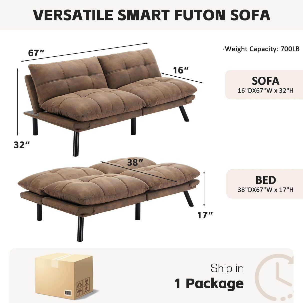 SoarFlash 67 Inch Futon Double Sofa Bed, 2 in 1 Velvet Loveseat with Adjustable Backrest Memory Foam Sofa for Living Room Bedroom Office Apartment Compact Couch(Brown) SoarFlash