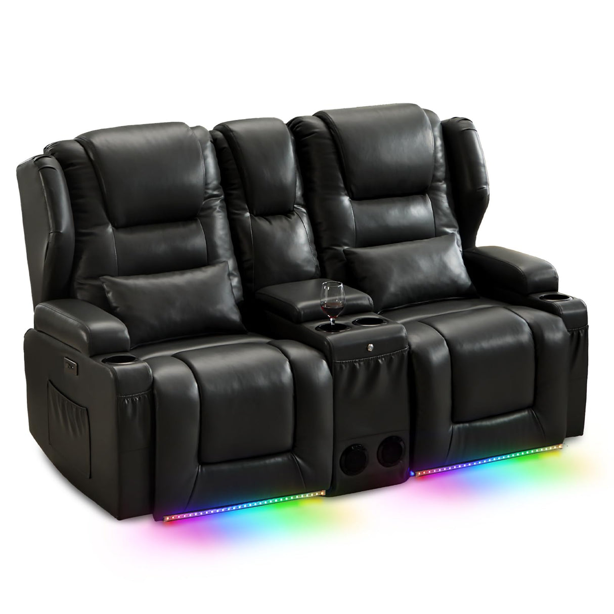 SAMERY Power Loveseat Recliner Sofa Set, Faux Leather Reclining Loveseat Sofa RV Couch Living Room Furniture Set with Console, Bluetooth Speakers, LED Light, USB, Cup Holders (Black 2 Seater) SAMERY