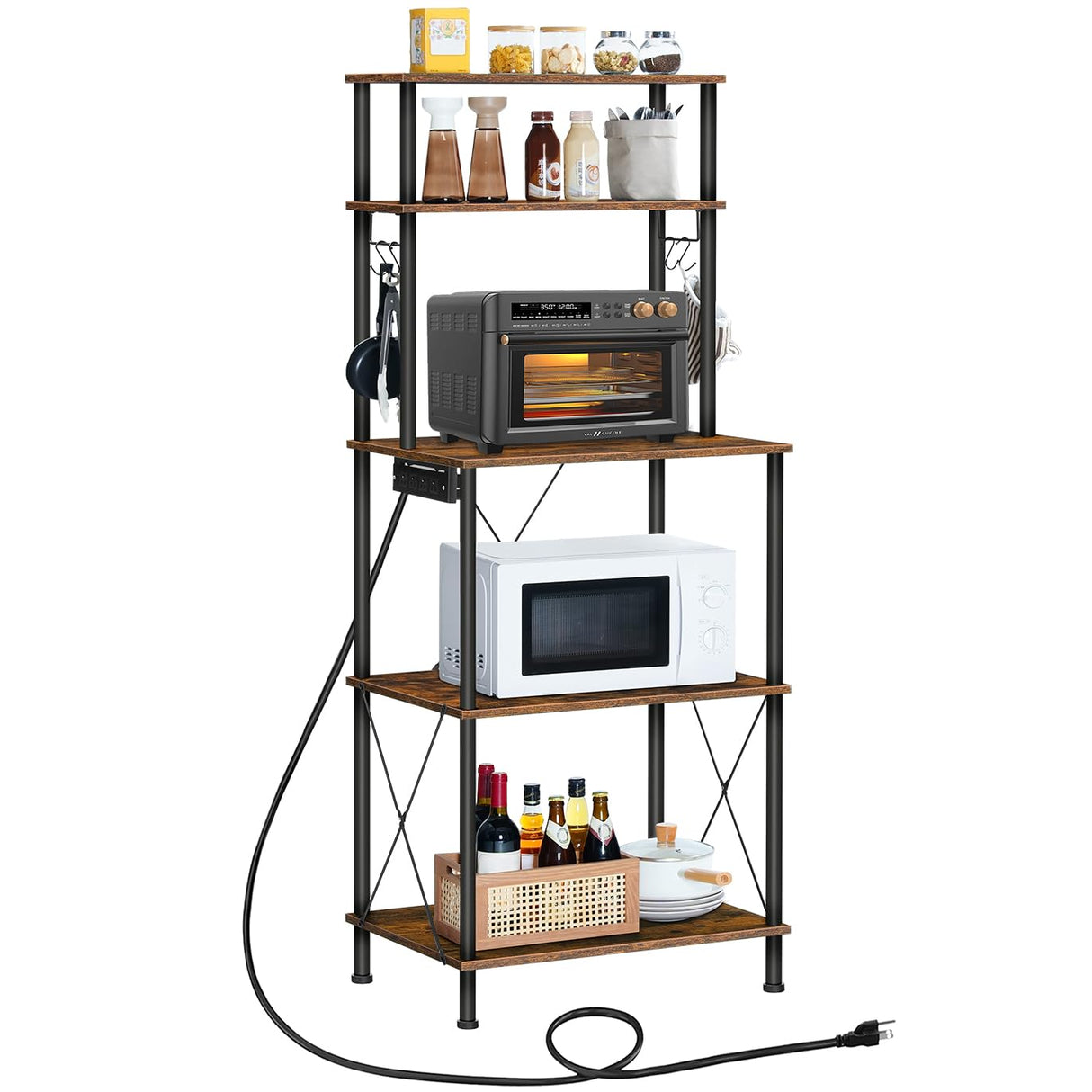 HOOBRO Kitchen Bakers Rack with Power Outlets, 5-Tier Microwave Stand, Coffee Bar with S-Shaped Hooks, Kitchen Storage Shelf Rack for Living Room, Dining Room, Rustic Brown and Black BF80UHB01 HOOBRO