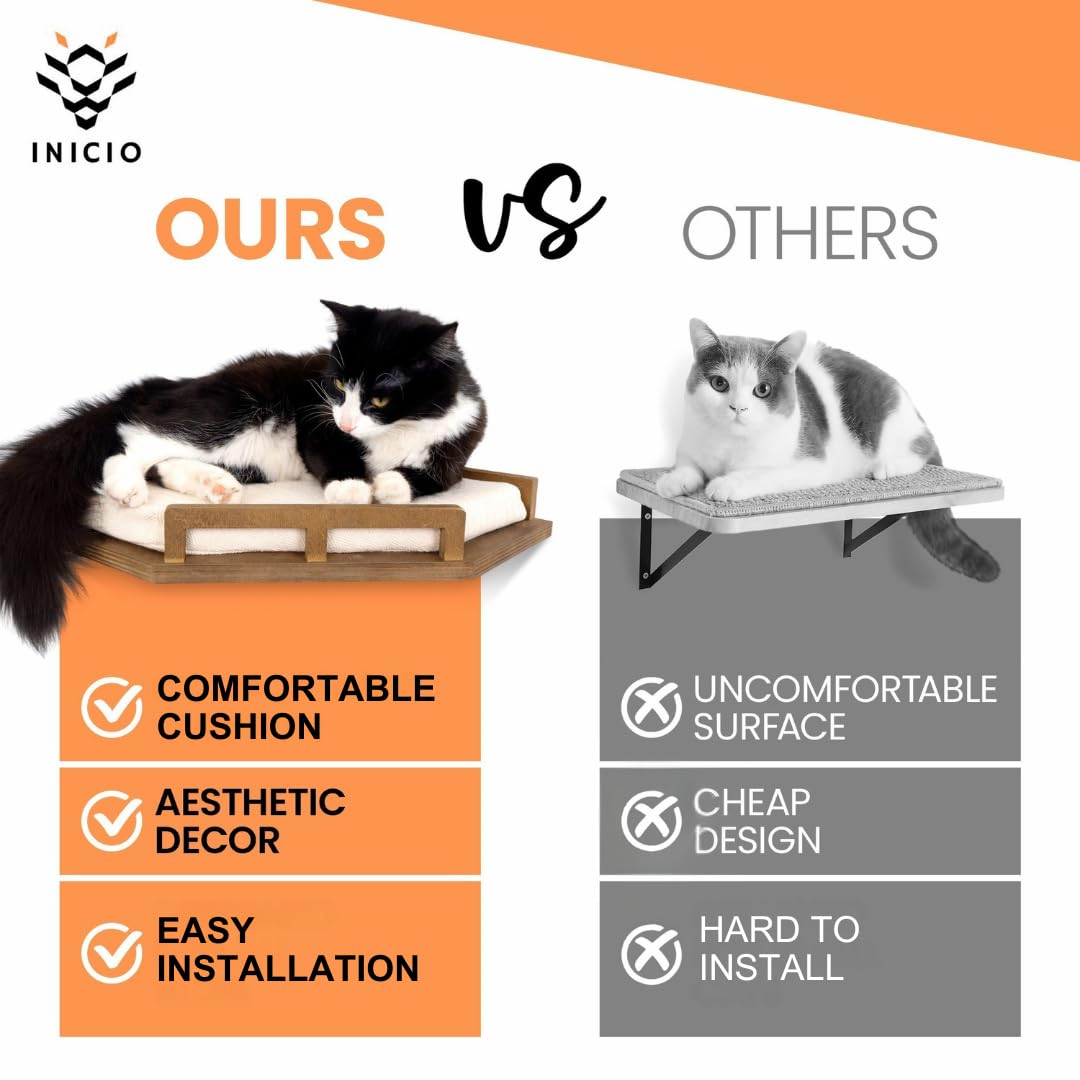 INICIO Cat Wall Shelves - Modern and Durable 3 Step Cat Furniture for Wall - Stylish Birch Floating Shelf for Cats up to 17lbs - Wooden Corner Shelves with Cushioned Perch - Brown INICIO