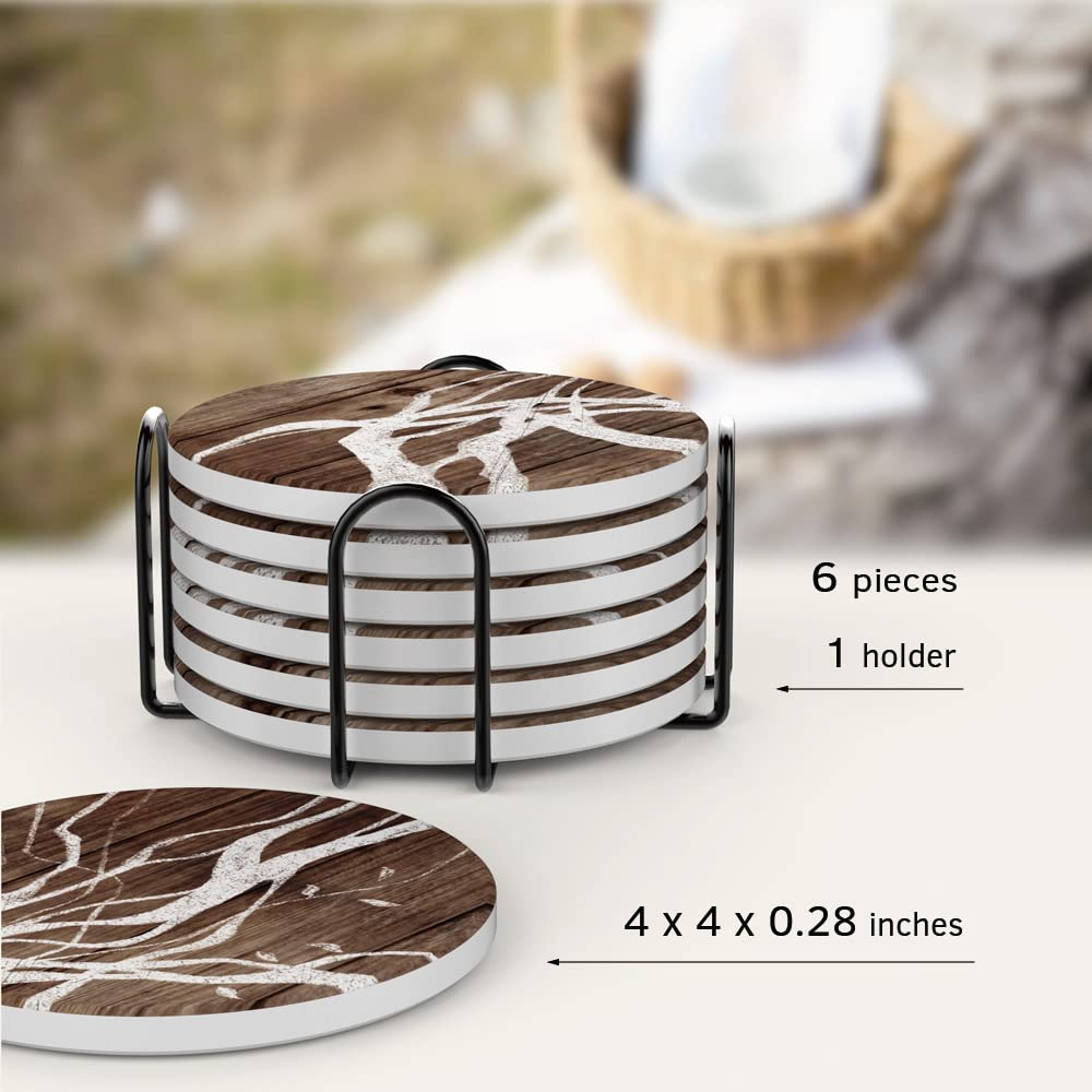 UMIRRO Ceramic Coasters for Wooden Table, Absorbent Drink Coasters with Holder for Tabletop Protection, Rustic Country Farmhouse Coasters w/Brown Wood Texture for Cups & Glasses, Coffee Bar Accessory Umirro