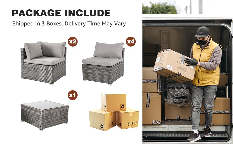 IJIALIFE 7 Pieces Patio Furniture Set, Modular Patio Set Wicker Outdoor Sectional Sofa Set PE Rattan Wicker Patio Conversation Set with Thickened Cushions and Coffee Table,Gray Wicker/Gray Cushion IJIALIFE