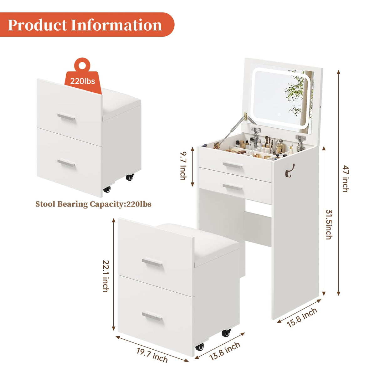 PulseFay Compact Vanity with 3 Drawers, 3 in 1 Vanity Desk, Makeup Desk with Flip-up 3 Colors Lighting Mirror and Cushioned Stool, Small Vanities Nightstand Perfect for Bedroom, White PulseFay