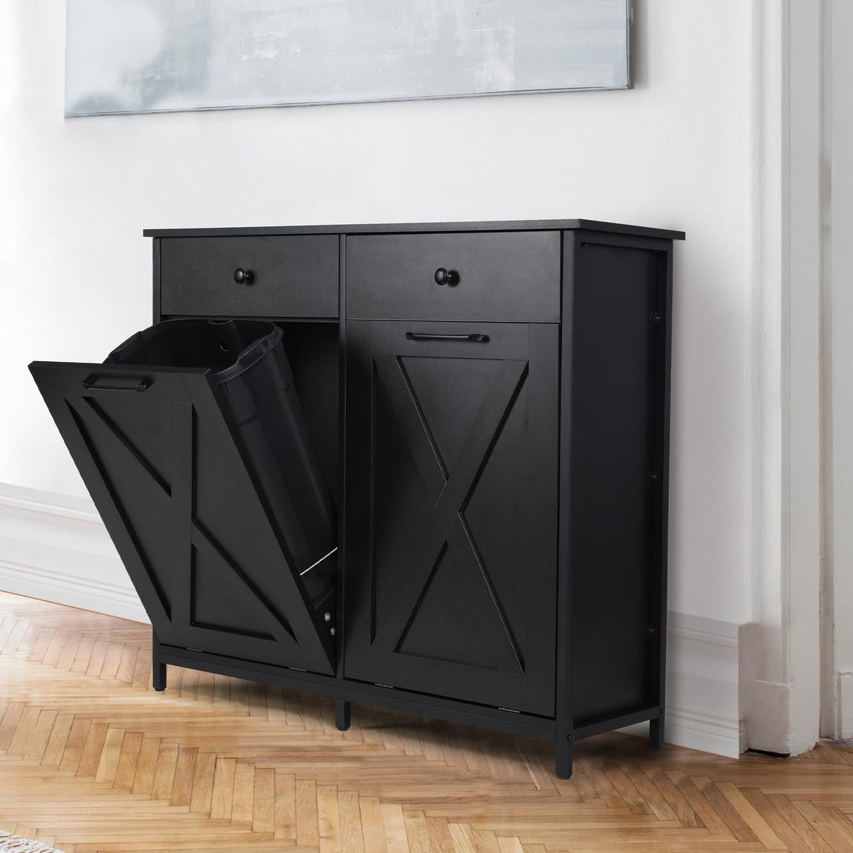 Arlopu Double Tilt Out Trash Cabinet, 20 Gallon Pet Proof Kitchen Pull Out Recycle Cabinet, Freestanding Wooden Laundry Sorter Cabinet, W/Drawer, Barn Door, for Home, Living Room, (Black) Arlopu