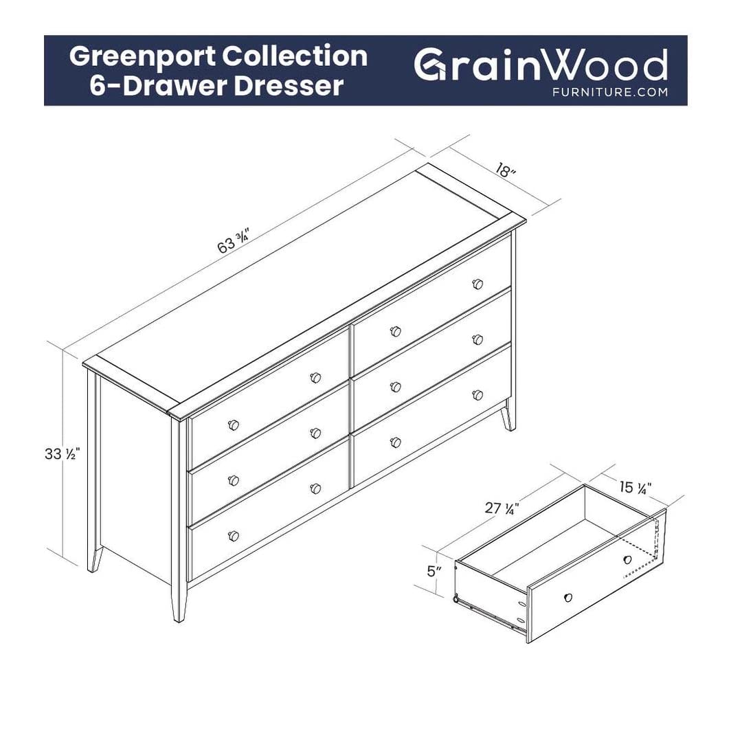 Grain Wood Furniture Greenport 6-Drawer Bedroom Dresser, Solid Wood with a Brushed Driftwood Finish Grain Wood Furniture