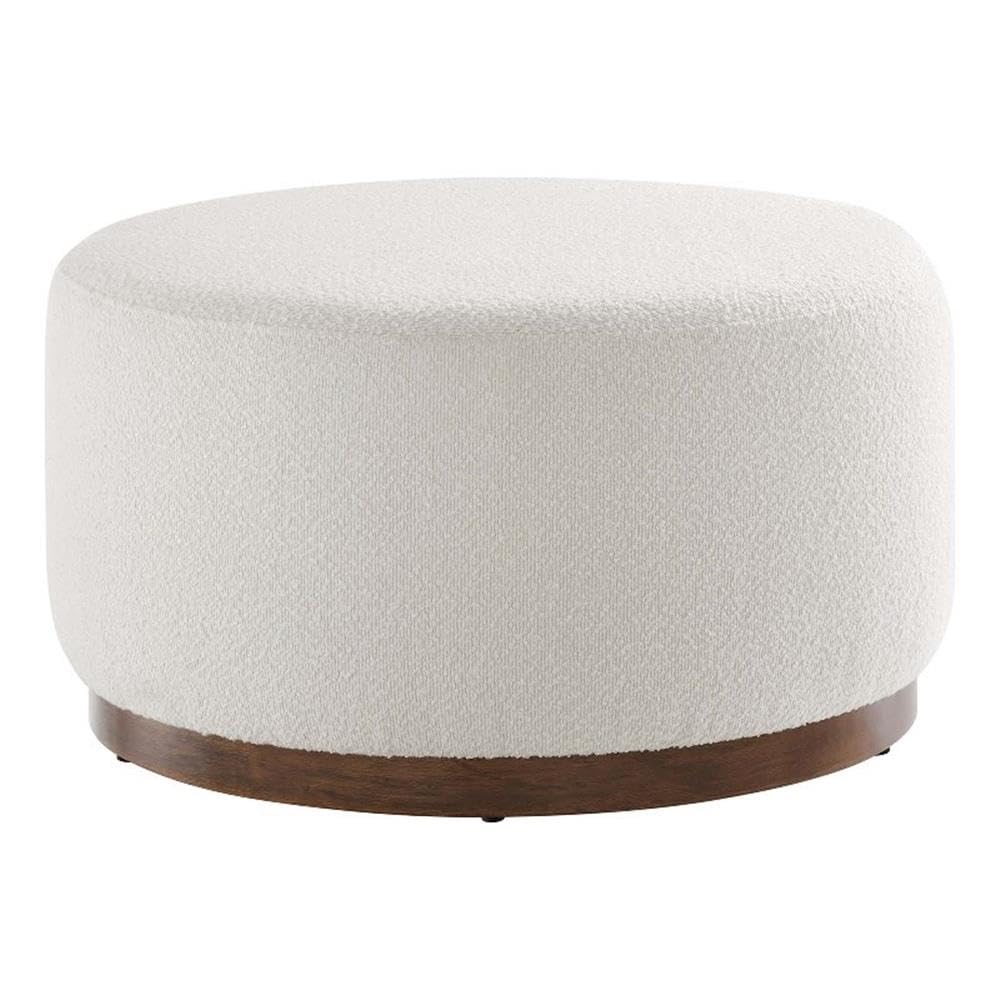 Modway Tilden 29 Inch Round Boucle Upholstered Ottoman in Cloud Walnut - Round Ottoman Coffee Table for Living Room - Large Ottoman Foot Rest with Rubberwood Plinth Base Modway