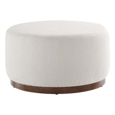 Modway Tilden 29 Inch Round Boucle Upholstered Ottoman in Cloud Walnut - Round Ottoman Coffee Table for Living Room - Large Ottoman Foot Rest with Rubberwood Plinth Base