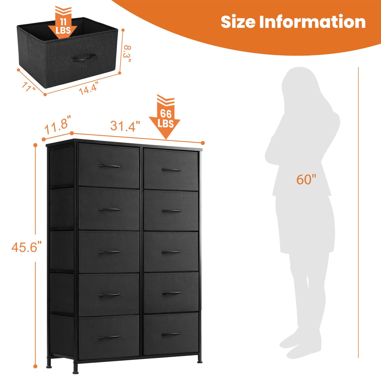 Sweetcrispy Dresser, Tall Dresser for Bedroom, Drawer Dresser Organizer Storage Drawers with 10 Drawers, Chest of Drawers with Fabric Bin, Steel Frame, Wood Top for Bedroom, Closet, Entryway Sweetcrispy