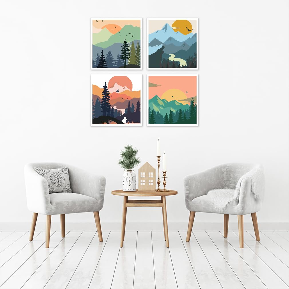 4 Pack Paint by Number for Adults, Easy Sunset Landscape DIY Arts and Crafts for Adults Beginner with Paints Brushes, Tree River Mountain Acrylic Paint Set for Home Decor 8×8 Inch eniref