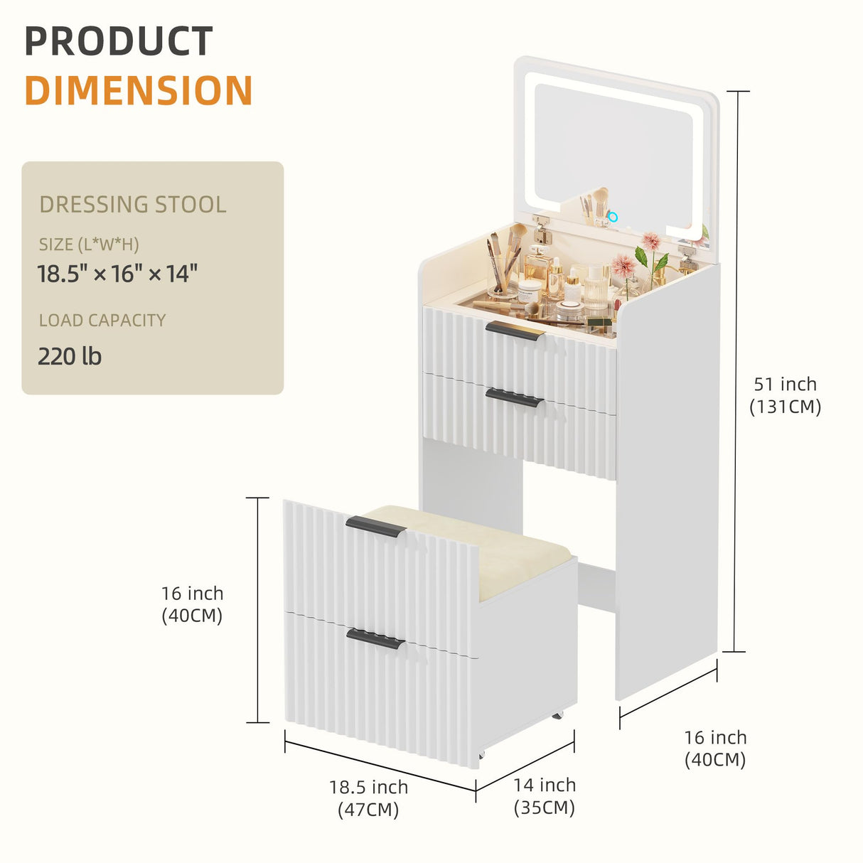 Gurexl Fluted Small Vanity Desk with Mirror and Lights, 3-in-1 Compact Makeup Vanity Set with Hidden Storage Stool, Mini Dressing Table with 3 Drawers, Gift for Little Girls/Kids (White) Gurexl