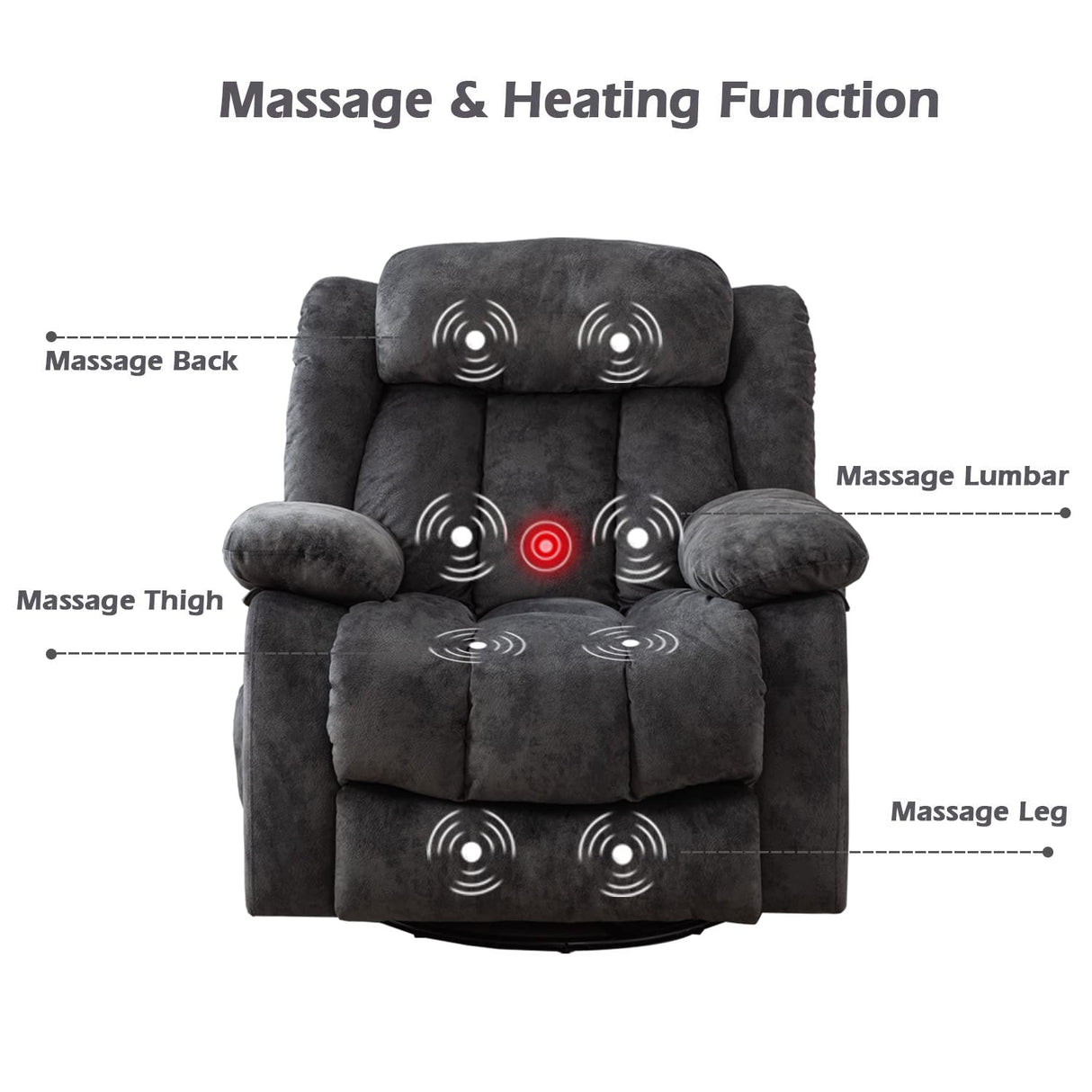 CANMOV Massage Swivel Rocker Recliner Chair with Heat and Vibration,360 Degree Manual Swivel Rocking Recliners with Side Pocket, Comfy Fabric Single Sofa Reclining Chair for Living Room, Grey CANMOV