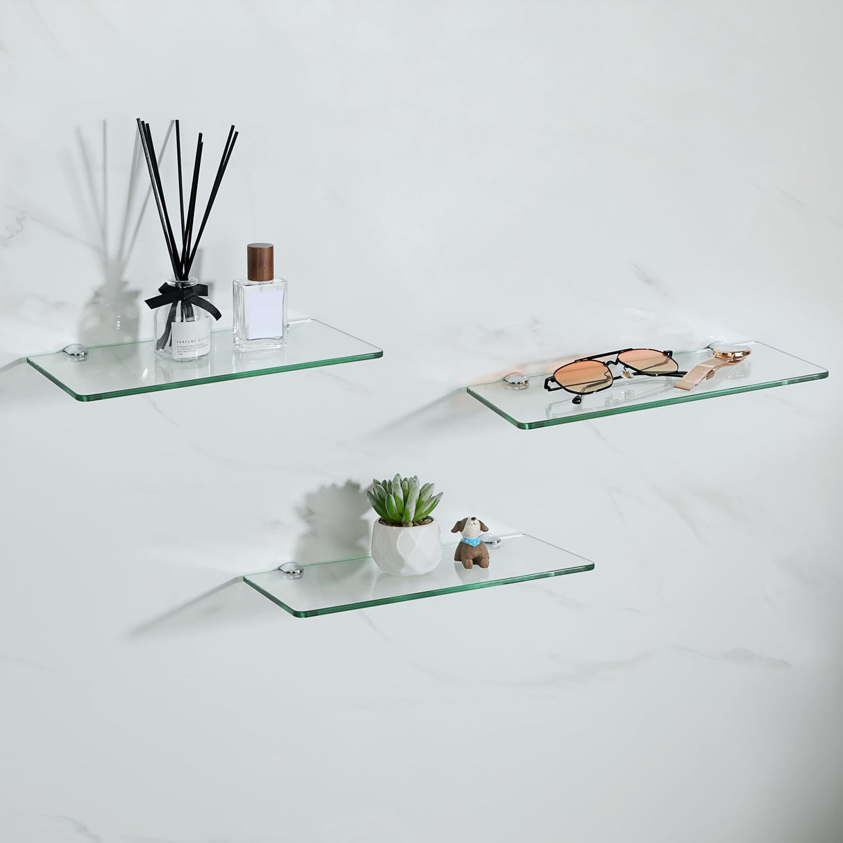 SAYAYO Glass Floating Shelves for Wall, Tempered Glass Shelves for Bathroom, Living Room, Bedroom, Office, Toilet, Kitchen Decor, 12Inch Set of 3, Clear SAYAYO