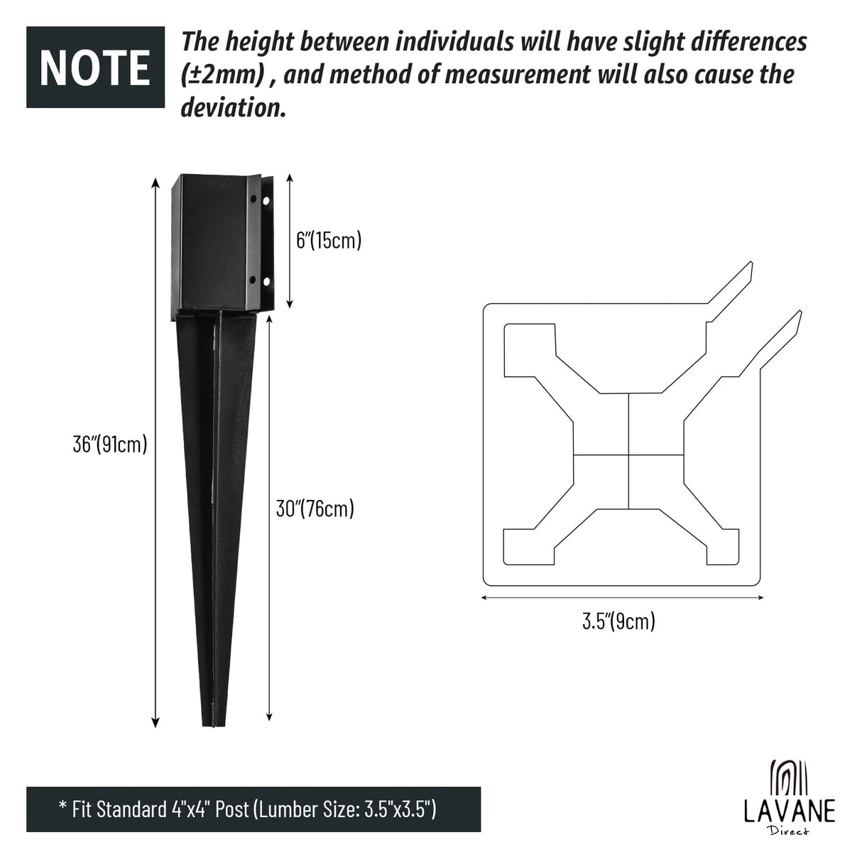 36 inch Fence Post Anchor Ground Spike, LAVANE Set of 4 Heavy Duty Metal Black Powder Coated Post Stake Support Base - Outer Dimension: 4"x4" (Fit 3.5"x3.5" Mailbox or Fence Post) La Vane