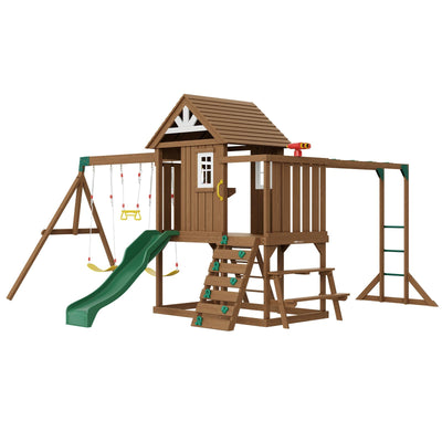 VEVOR Wooden Swing Set, 10 in 1 Playground Sets for Backyards, 2 Swings, 6FT Slide, Trapeze Bar, Flat Step Ladder,Large Upper Fort with Kitchen Toys, Rock Wall, Picnic Table, Sandbox, Scaling Ladder