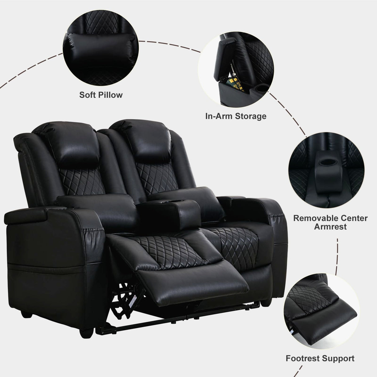 Attliahome 57" RV Loveseat Recliner, Double Recliner Furniture with 3 Arms and 2 Pillows, Wall Hugger Recliners & 135° Reclining Theater Seating (Black PU Leather RV Couch) Attliahome