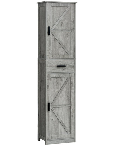 Tall Grey Bathroom Cabinet with 6 Shelves, 2 Doors & Drawer for Narrow Spaces