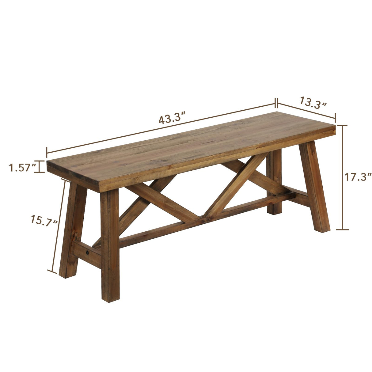 Wnutrees 43" Farmhouse Wood Bench, Rustic Solid Wood Entryway Bench Seat with Double X-Structure for Dining Room, Living Room, Hallway, Bedroom, Structural Stability, Natural Wnutrees