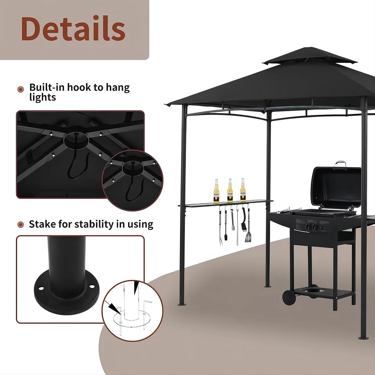 Generic Outdoor Double Tiered Grill Gazebo BBQ Patio Canopy Tent,Party Tent with Pendant Light and Floor Fixing (Black) Generic