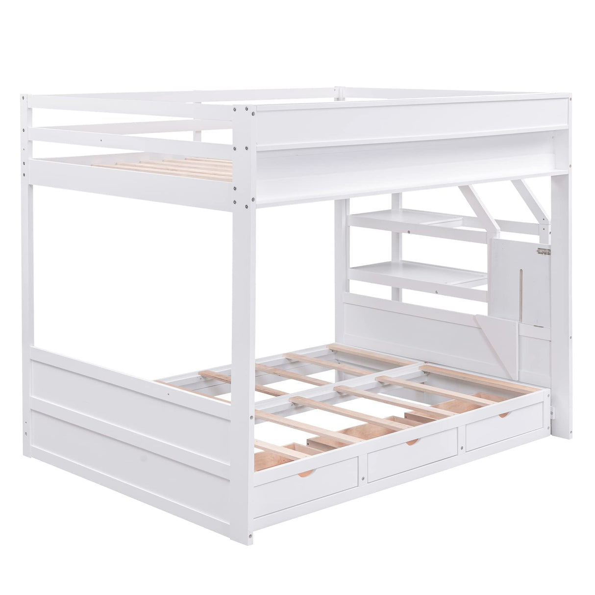 Harper & Bright Designs Full Over Full/Futon Bunk Beds with Stairs, Built-in Shelf, and 3 Drawers, Bottom Bed can be Converted into Daybed, Solid Wood Bunk Bed Frame (White) Harper & Bright Designs