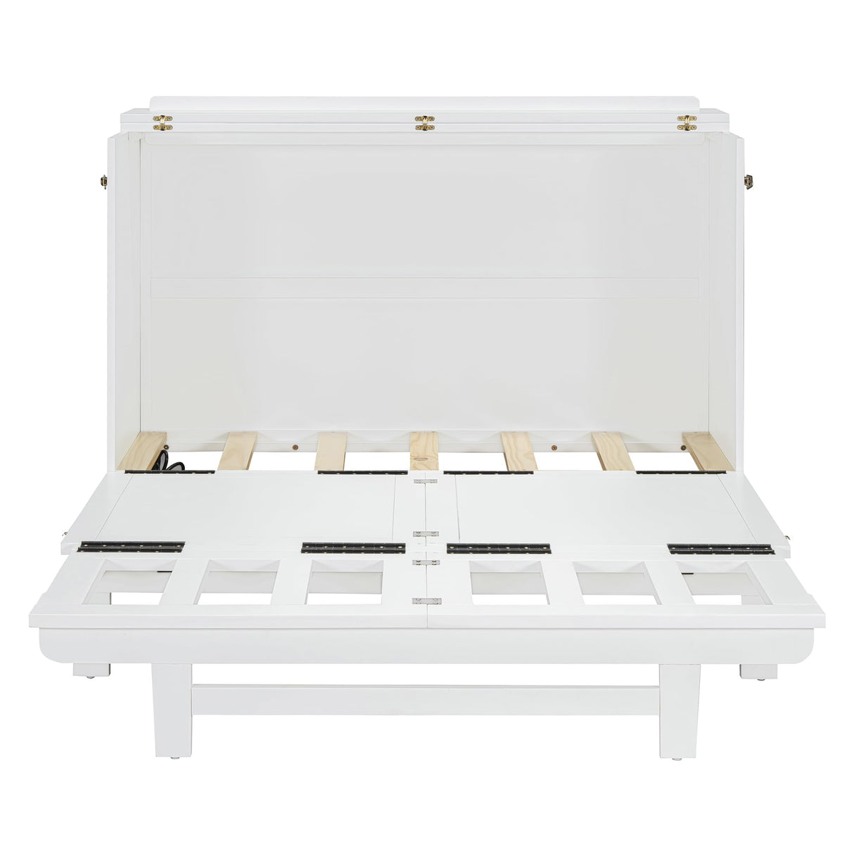 HABITRIO Full Size Murphy Bed, Wood Full Murphy Bed Frame with Large Drawer, USB Ports and Outlets, White HABITRIO