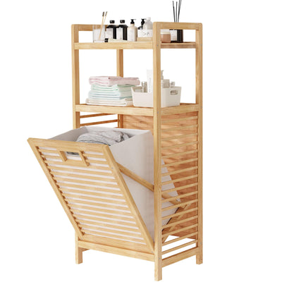 Lkeiyay Laundry Hamper Tilt-Out Laundry Linen Hamper Bamboo, 2 storage shelves and Removable Lining for Bedroom,Laundry Room,bathroom storage cabinet
