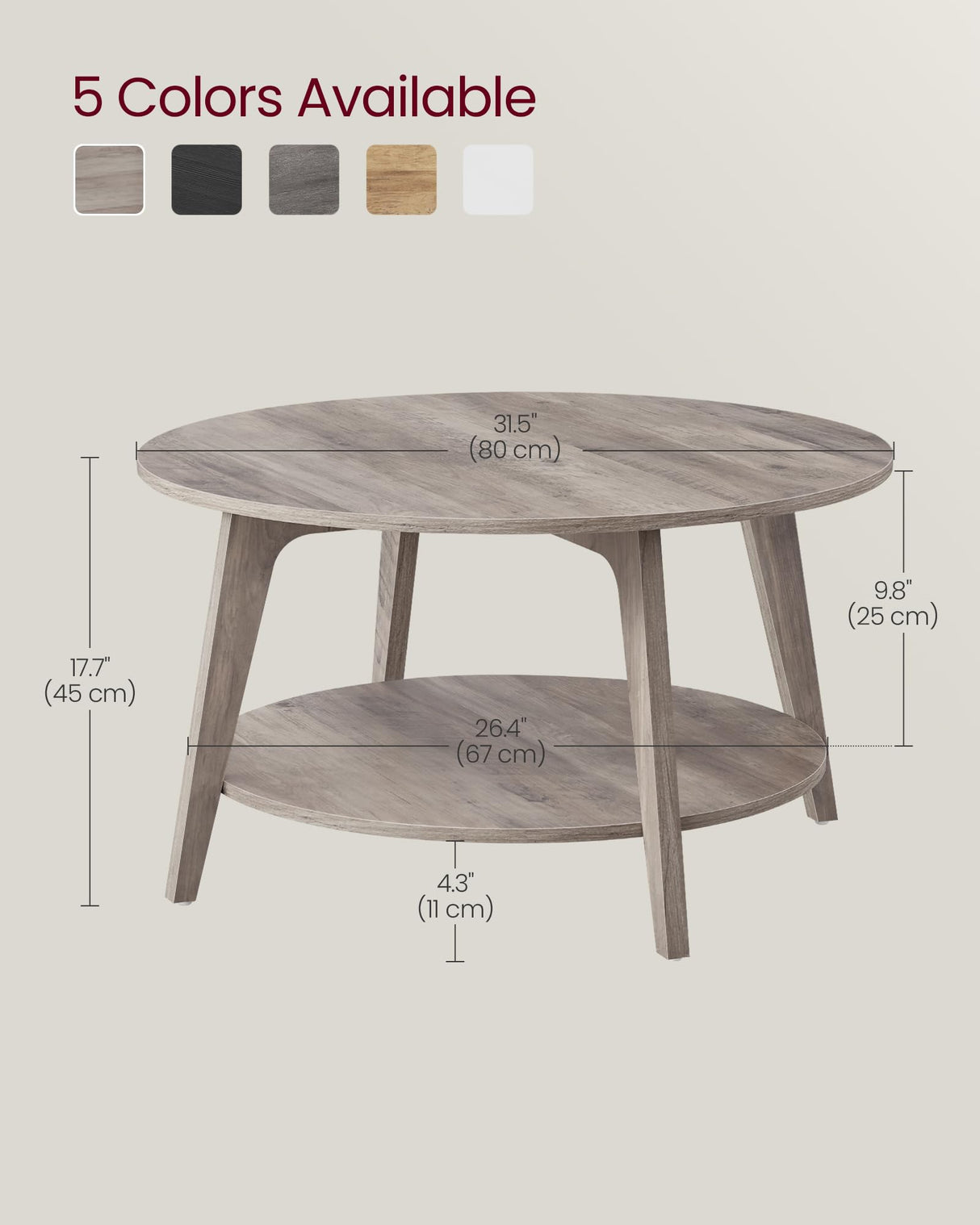 VASAGLE MAEZO Collection - Round Coffee Table, 2-Tier Center Table with Storage, Tapered Legs, Curved Transitions, 31.5 Dia. x 17.7 H Inches, Easy Assembly, for Living Room, Heather Greige ULCT243K02 VASAGLE