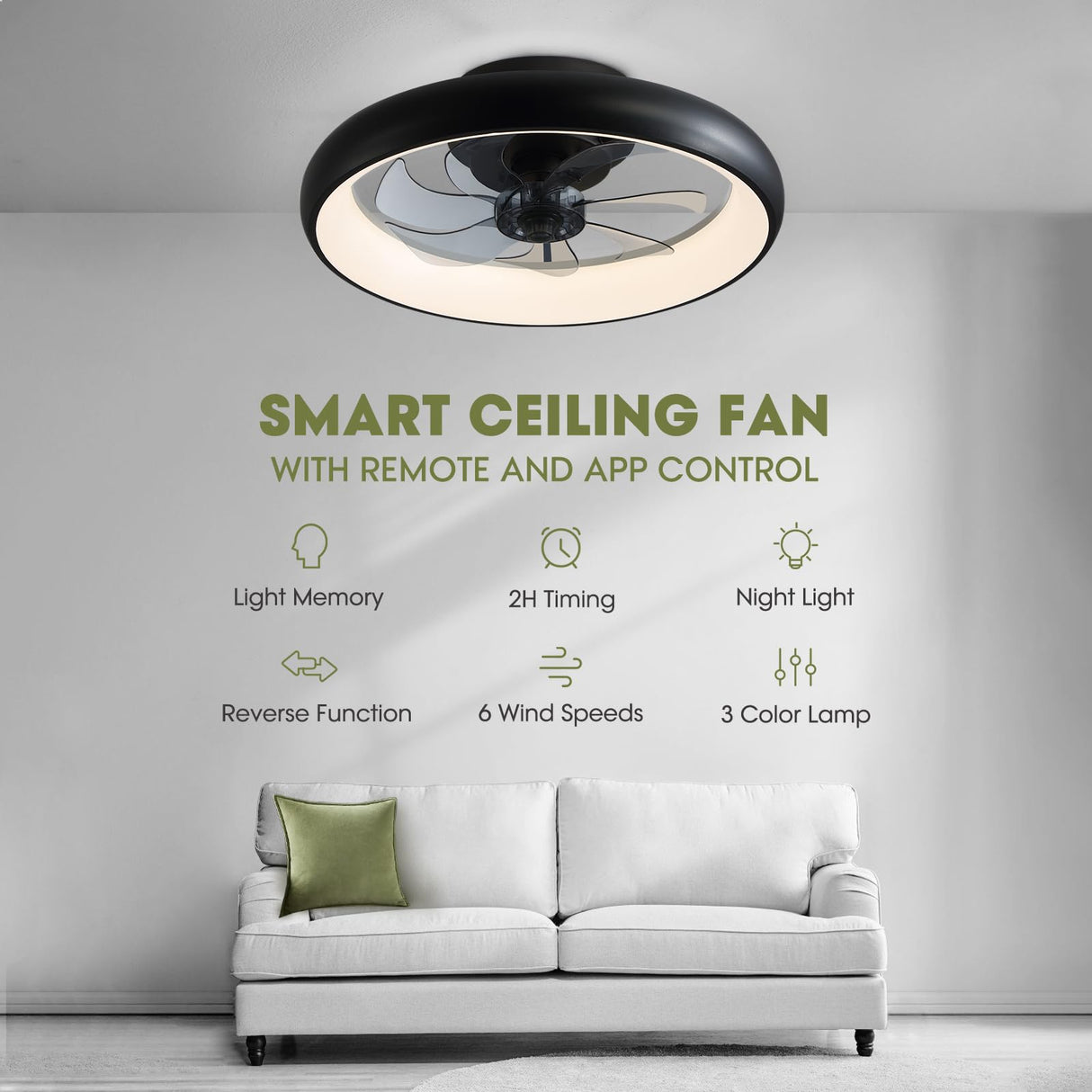LUDOMIDE Ceiling Fans with Lights, 20" Flush Mount Ceiling Fan with Remote & APP Control, Black Low Profile Ceiling Fan with 6 Wind Speeds, Smart Dimmable LED Ceiling Fan for Bedroom, Living Room LUDOMIDE