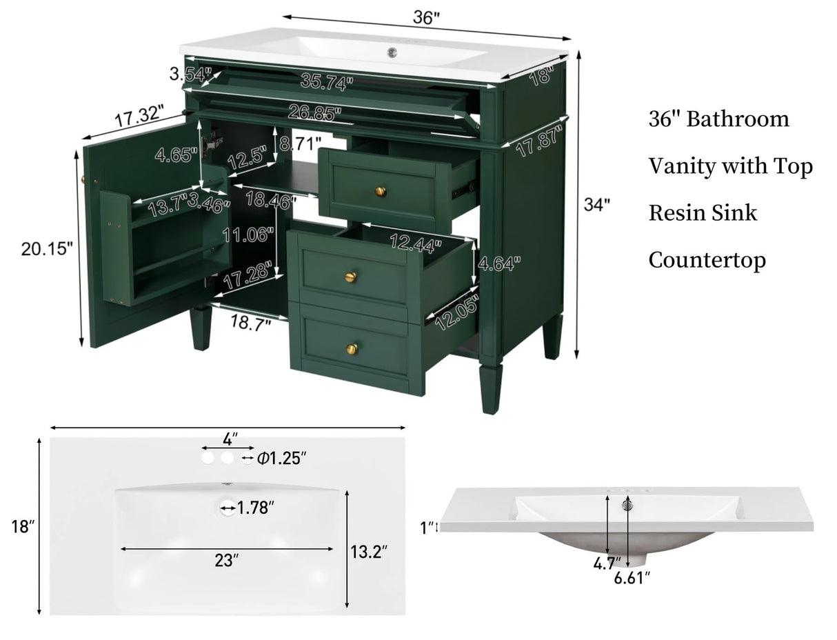 36'' Bathroom Vanity with Top Single Resin Sink Countertop, Solid Wood Frame Modern Storage Cabinet, Tip-Out Drawer, Soft Closing Doors, Green Merax