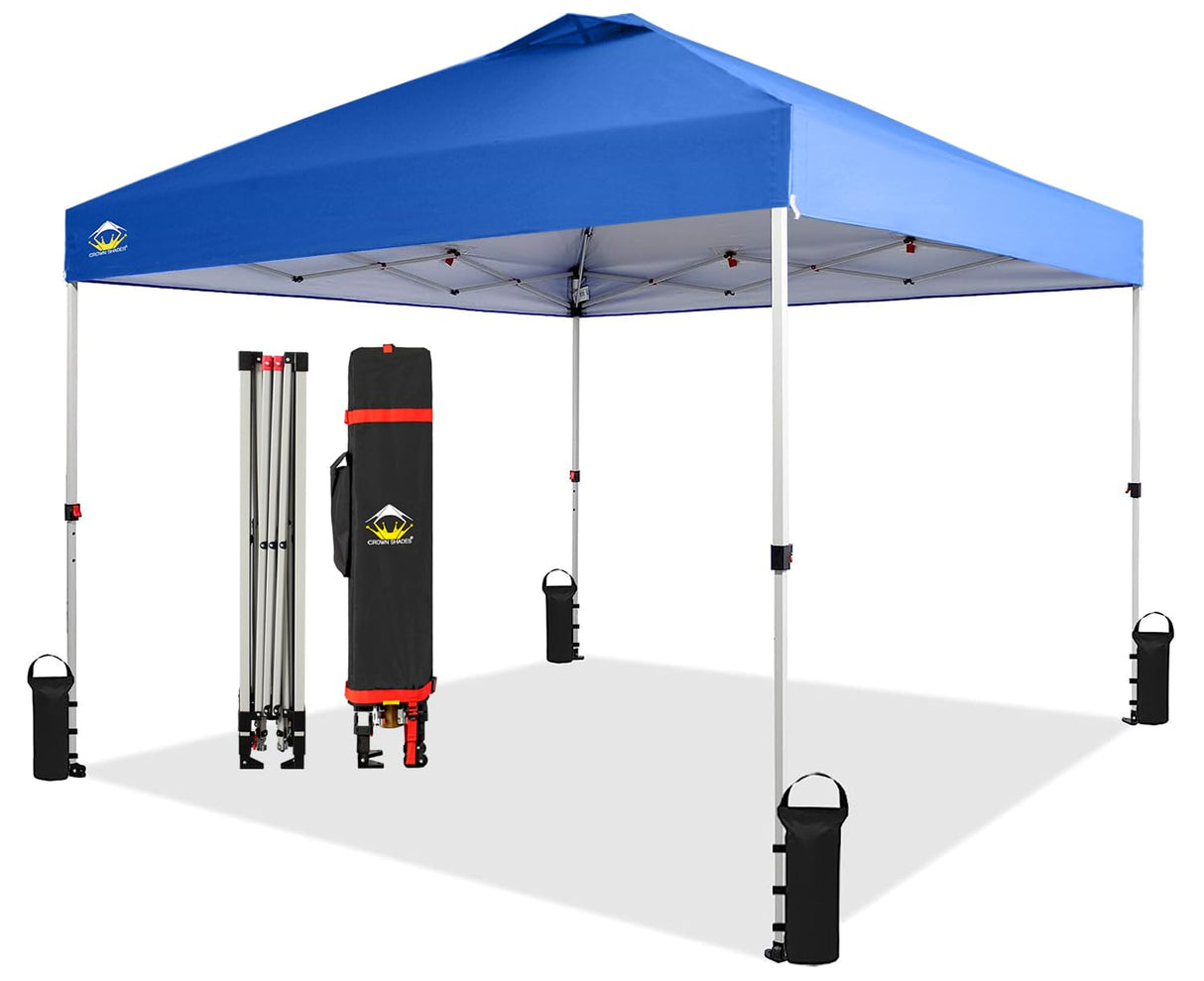 CROWN SHADES 10x10 Pop Up Canopy - Beach Tent with One Push Setup - Easy Outdoor Sun Shade for Events, Parties, Camping - Gazebo with STO-N-Go Cover Bag, Silver Coated Top, Blue CROWN SHADES