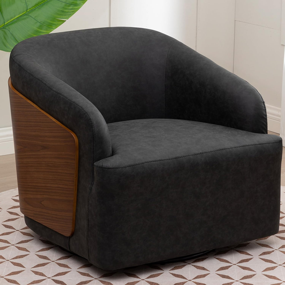 BALIAA 2pcs Swivel Accent Chair Faux Leather Swivel Barrel Chair Comfortable Mid Century Modern Chair Upholstered Metal Base Armchair for Living Room Bedroom Office Large Vintage Black BALIAA