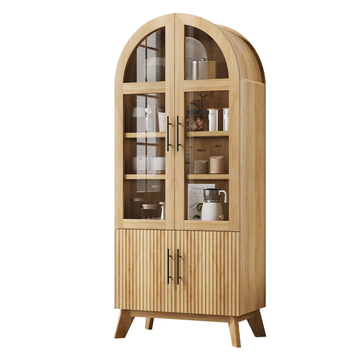 RNLRNL 71" Modern Fluted Display Cabinet with Glass Door, Arched Curio Cabinet with Adjustable Shelf, Bookcase for Collectibles Books, Storage Cabinet for Living Room, Dining Room, Natural Oak RNLRNL