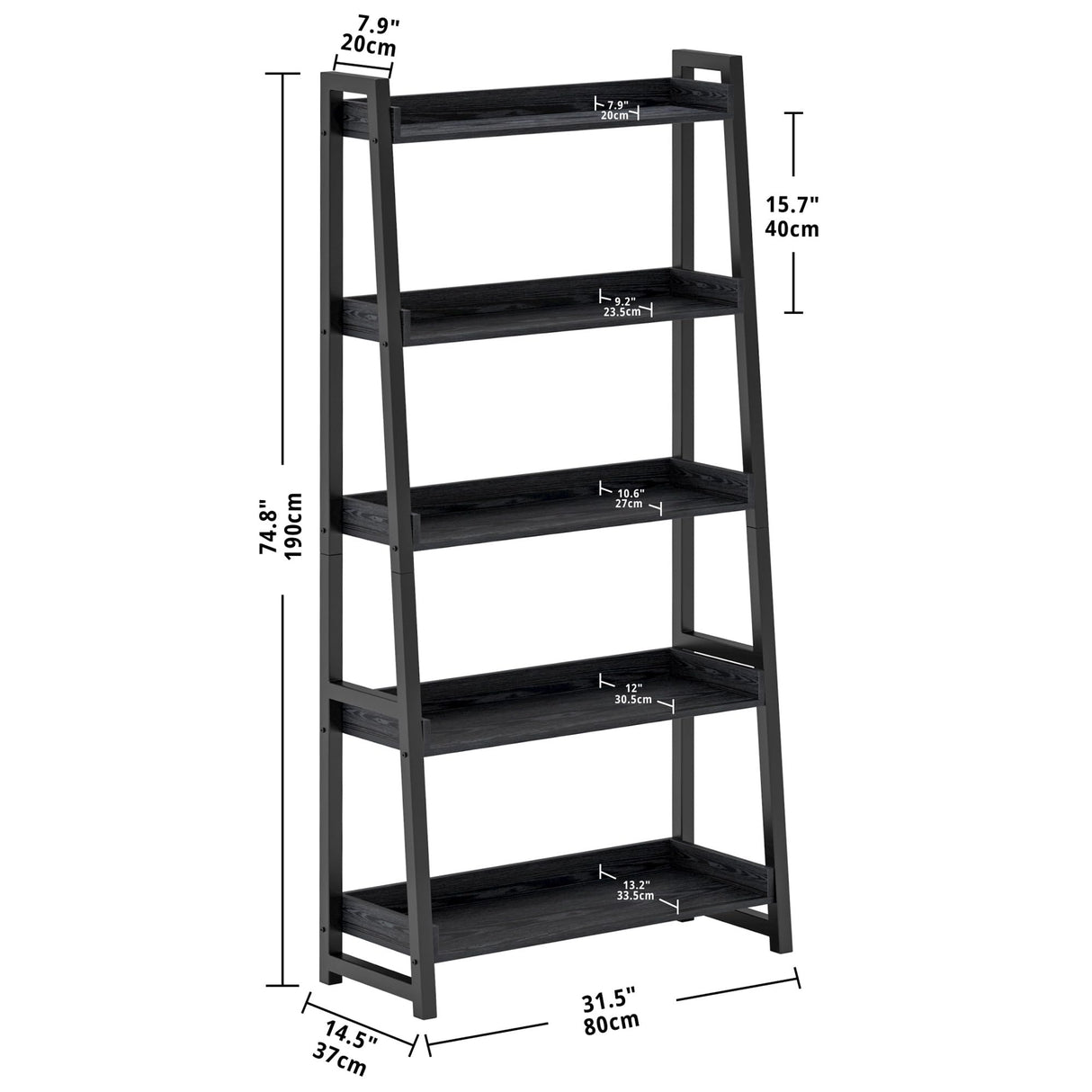IRONCK Industrial Bookshelf 5-Tier 31.5 in Wide, Bookcase Ladder Shelf, Storage Shelves Rack Shelf Unit, Accent Furniture Metal Frame, Home Office Furniture for Bathroom, Living Room IRONCK