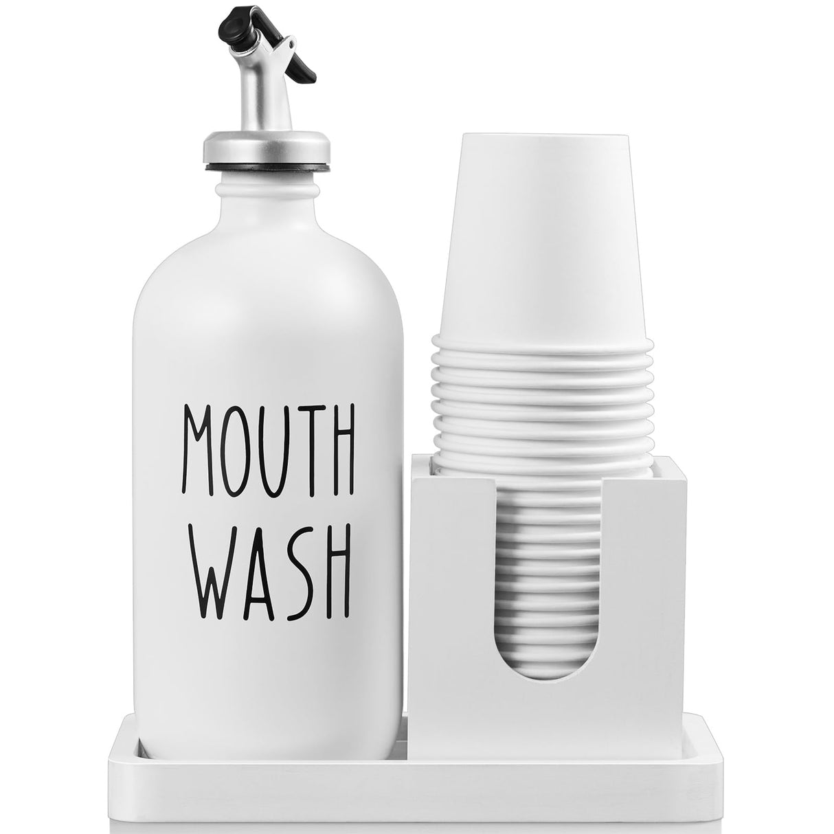 Mouthwash Dispenser for Bathroom, 16 OZ Glass Mouthwash Dispenser with Pour Spout and Wood Cup Holder and Tray, Mouth Wash Bottle Container, Farmhouse Kitchen Bathroom Decor and Accessories, White Bivvclaz