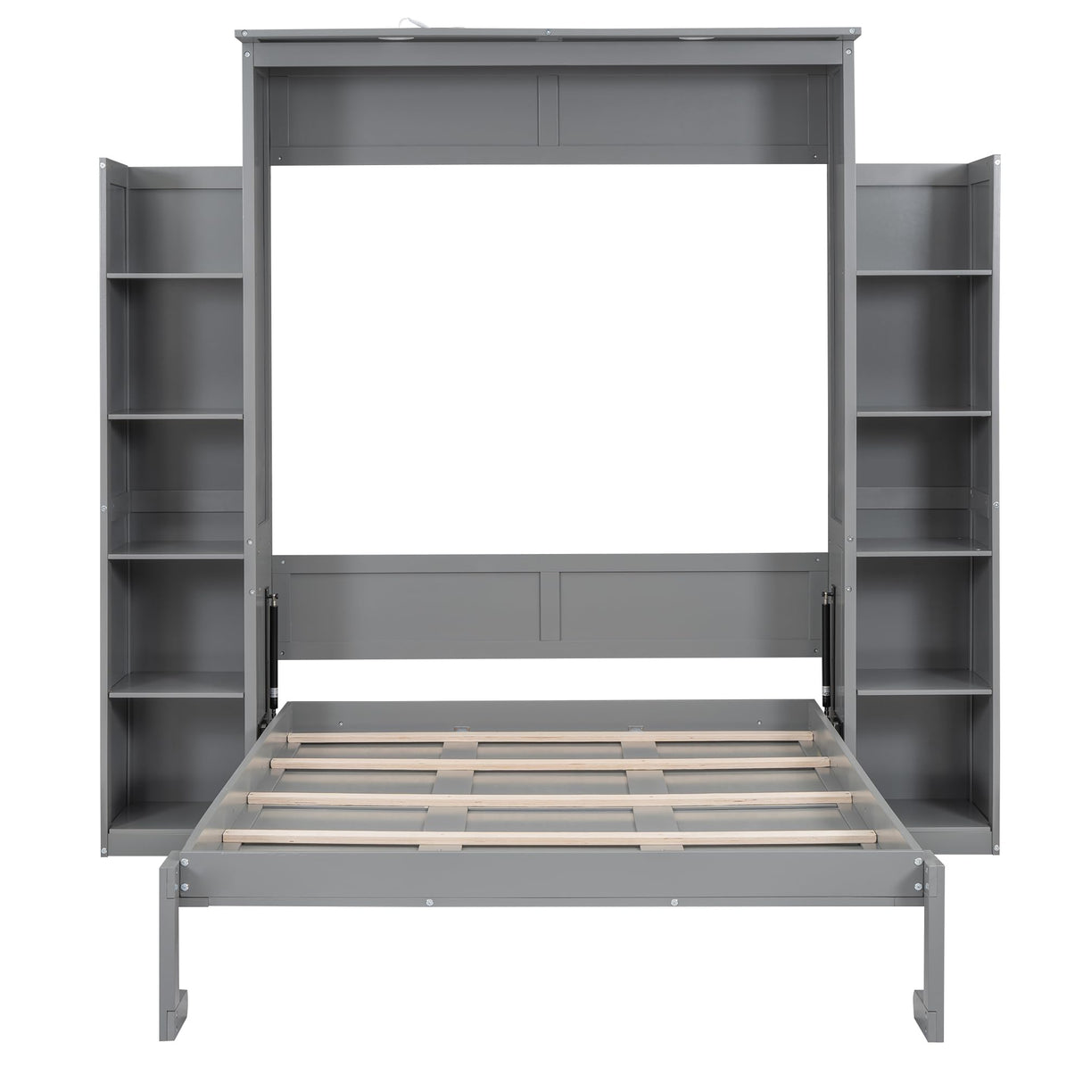 Merax Full Size Murphy Bed, Wooden Full Wall Bed with Shelves and LED Lights, Gray Merax