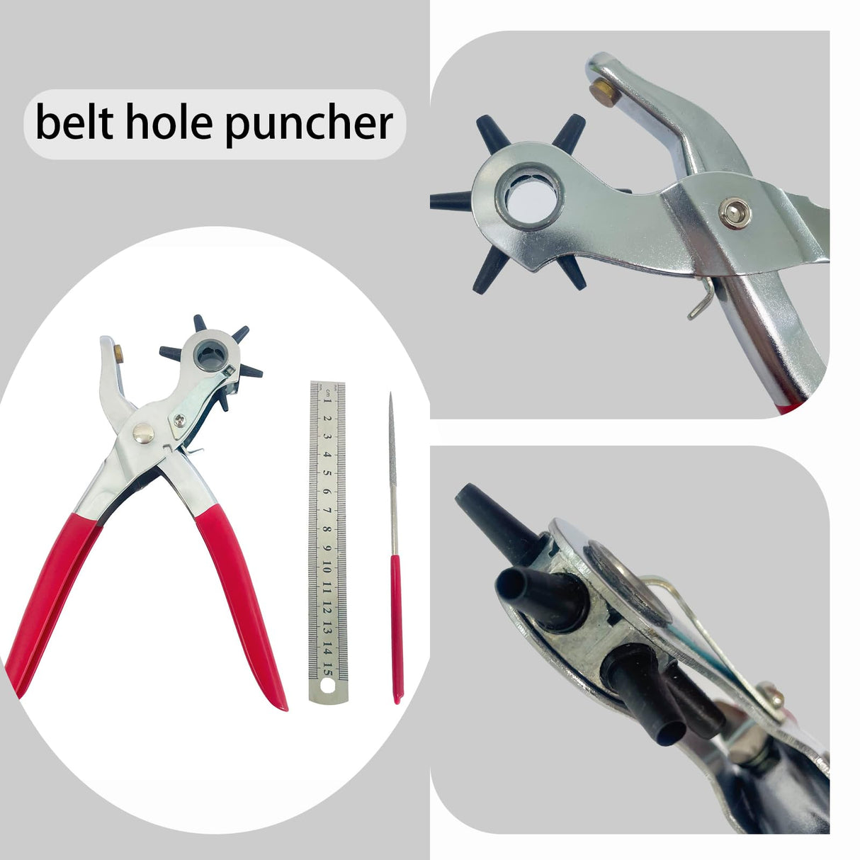 Adorox Heavy Duty Belt Hole Puncher for Leather – 6 Size Revolving Leather Hole Punch Tool with Ruler & Deburring File, Perfect for Belts, Straps, DIY Leathercraft, and Repair Adorox