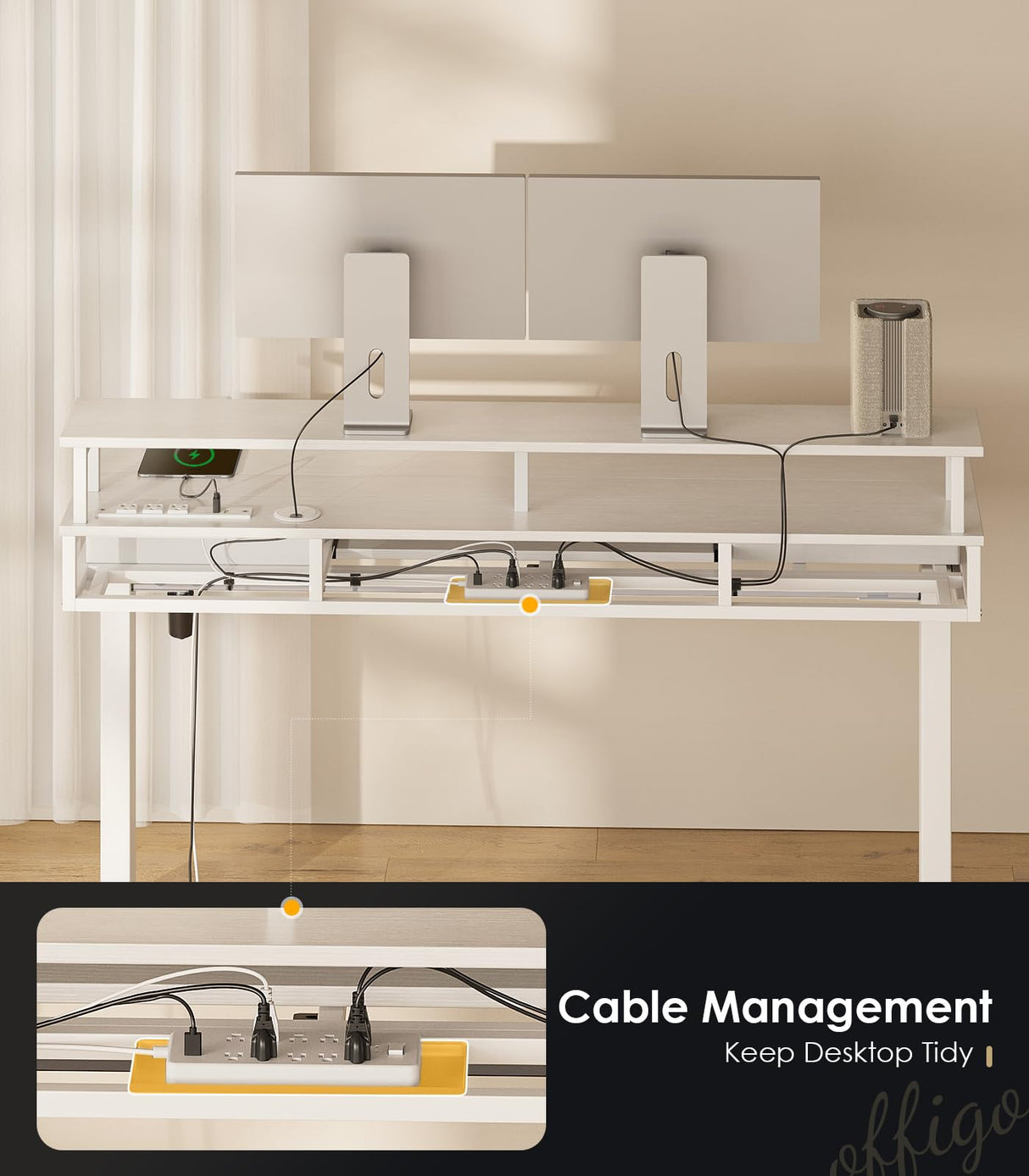 OffiGo Electric Standing Desk with Drawers & Keyboard Tray, 55 Inch Height Adjustable Desk with Power Outlets & LED Lights, Sit Stand Table with Monitor Stand for Home, Office, White OffiGo