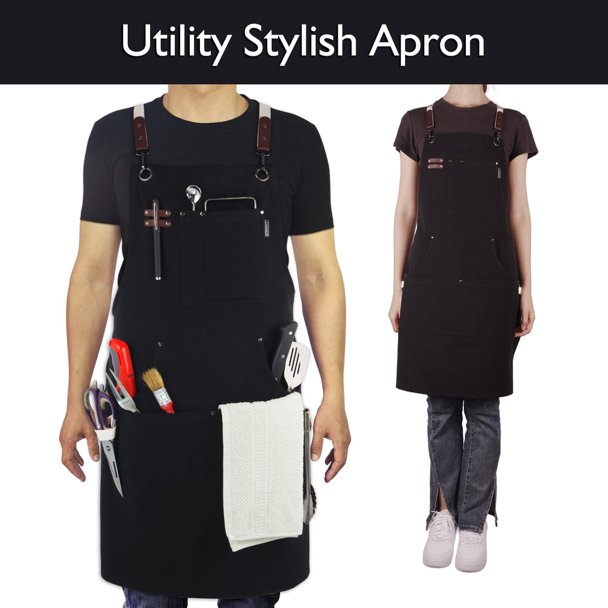 Stenffy Handmade Work Apron,Cotton Canvas,Multiple Pockets,Adjustable Cross Back Weight Apron,BBQ,Cafe,Kitchen,Painting,Carpenter,Artist Apron,Aprons for Men,Women,Sizes M to XXL,Black Stenffy