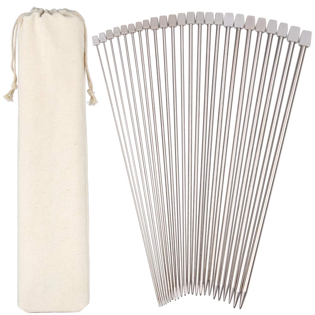 H&S Knitting Needles Set for Beginners Knitting Accessories - 11 Pairs of Stainless Steel Knitting Needles with Firm Grip Handle - Single Pointed Needle Set with Pouch for Easy Storage H&S