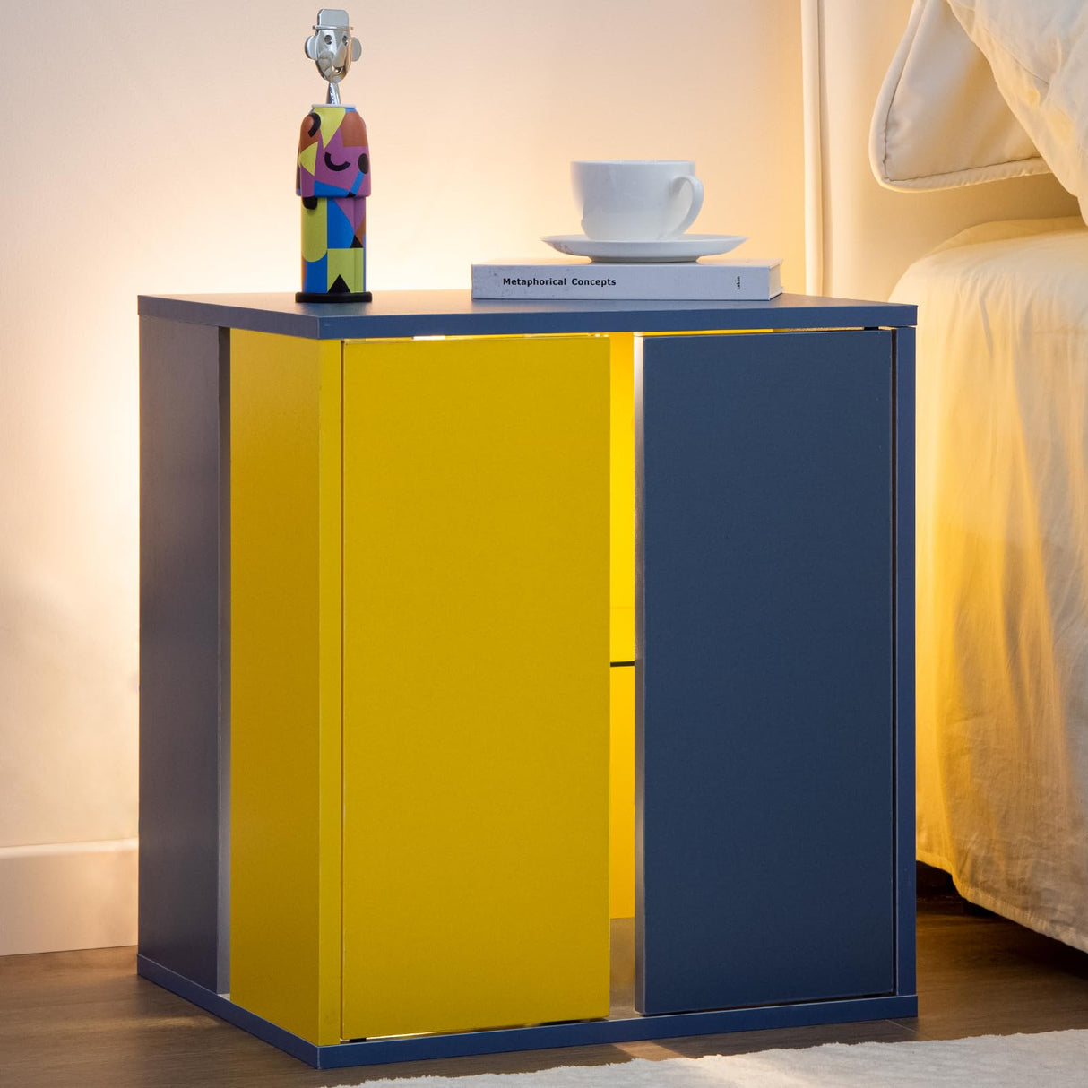 Cubehom Beside Tables LED Nightstands Modern End Tables with Glasses Shelves for Living Room Bedroom Cubehom