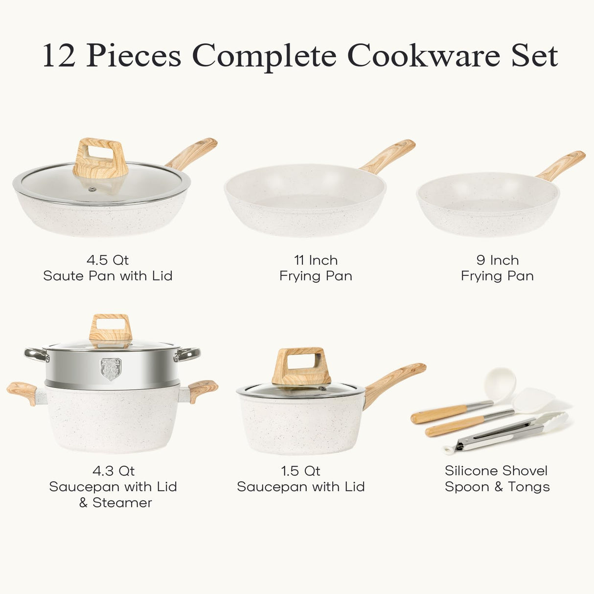 Pots and Pans Set Non Stick,12 Pcs Kitchen Cookware Sets Nonstick Induction Cookware White Granite Cooking Set with Frying Pans, Saucepans, Steamer Silicone Shovel Spoon & Tongs (NO PFOS, PFOA) SODAY
