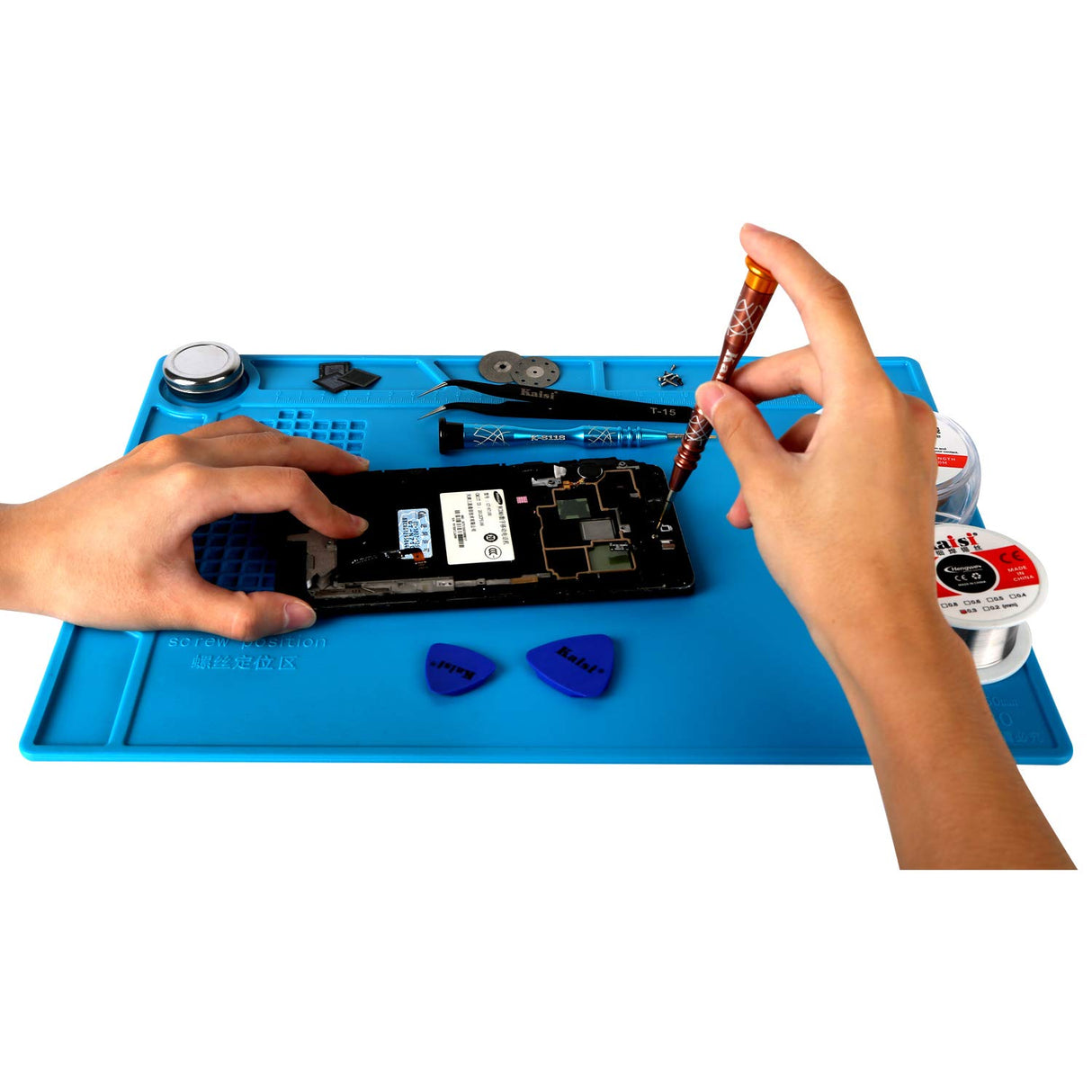 Kaisi S-130 Insulation Silicone Soldering Mat Repair Mat, Heat Resistant Silicone Work Mat 932°F with Scale Ruler and Screw Position for Soldering, CellPhone Electronics Repair, Size: 13.8 x 9.8 inch Kaisi