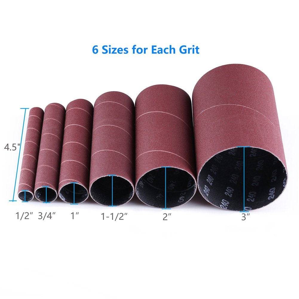LotFancy Spindle Sander Sleeves, 24PCS Sanding Sleeves for Oscillating Sander, 60 80 120 240 Assorted Grit Sandpaper, 4-1/2” Length, 1/2”, 3/4”, 1”, LotFancy