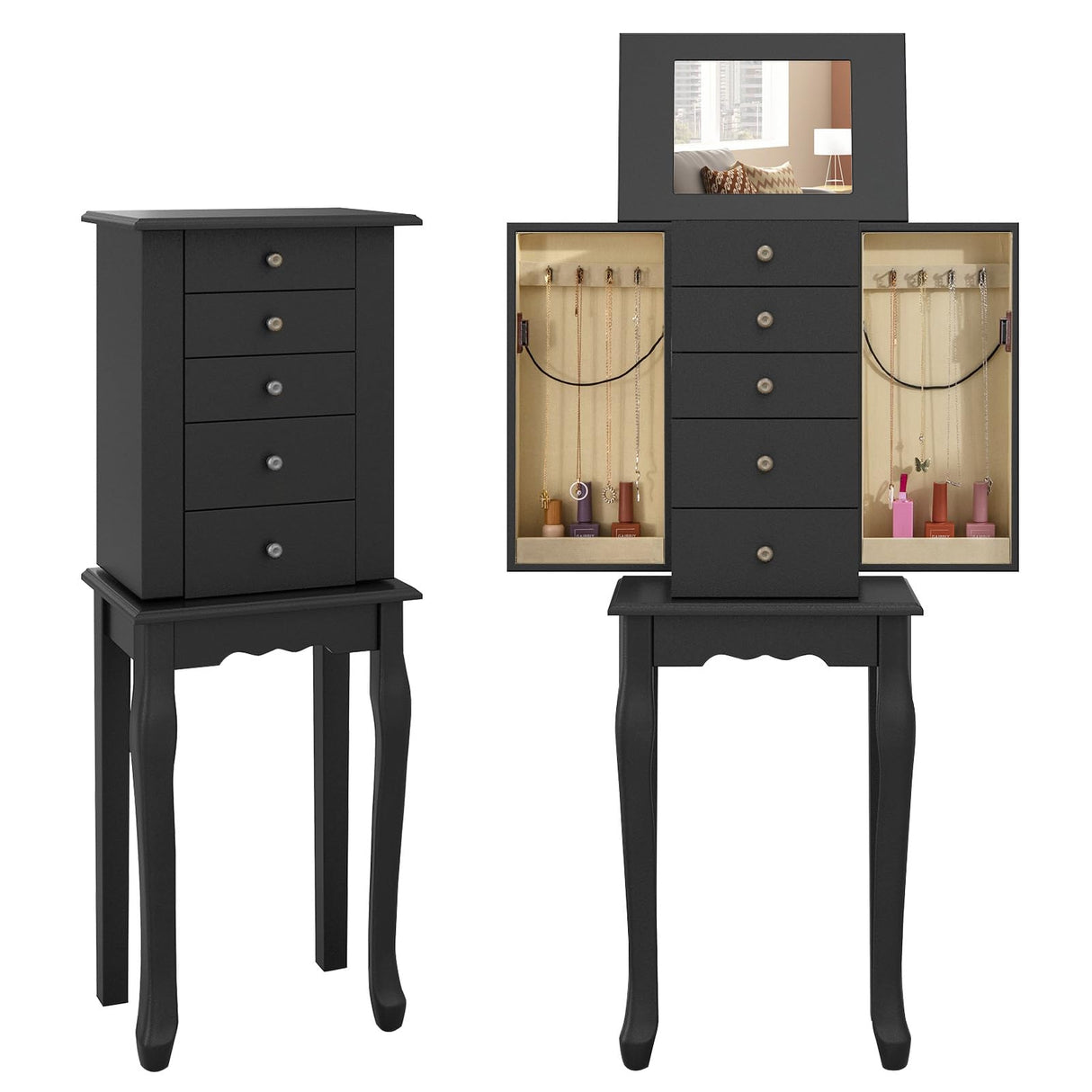 Giantex Jewelry Cabinet Armoire Chest with 4 Drawers, Flip Top Mirror, Top Storage Compartments, 2 Side Doors with 8 Necklace Hooks, 2 Shelves, Black Standing Jewelry Organizer Box for Girls Gift Giantex