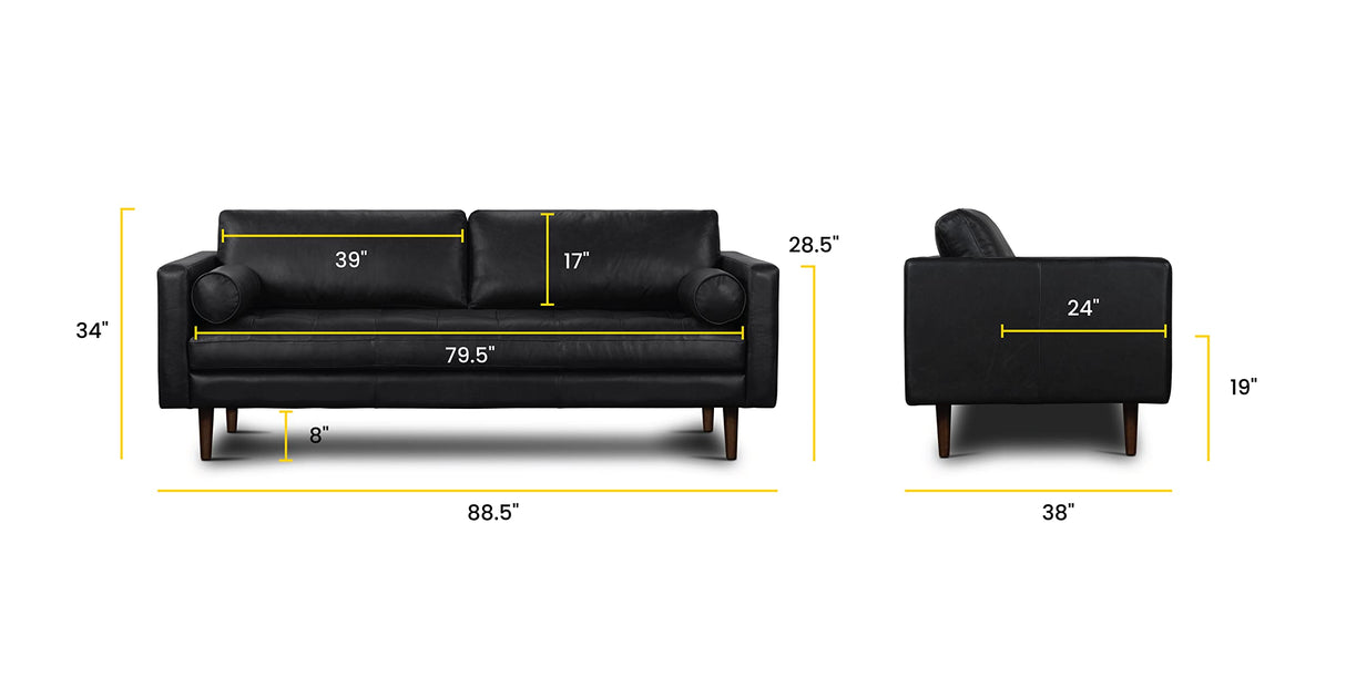 POLY & BARK Napa 88.5” Sofa in Full-Grain Semi-Aniline Italian Tanned Leather, Onyx Black POLY & BARK