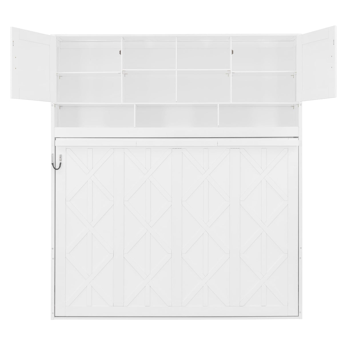 Merax Queen Size Murphy Bed with Ample Storage Shelves, Horizontal Murphy Wall Bed with Diamond Stripes, No Box Spring Needed, White Merax