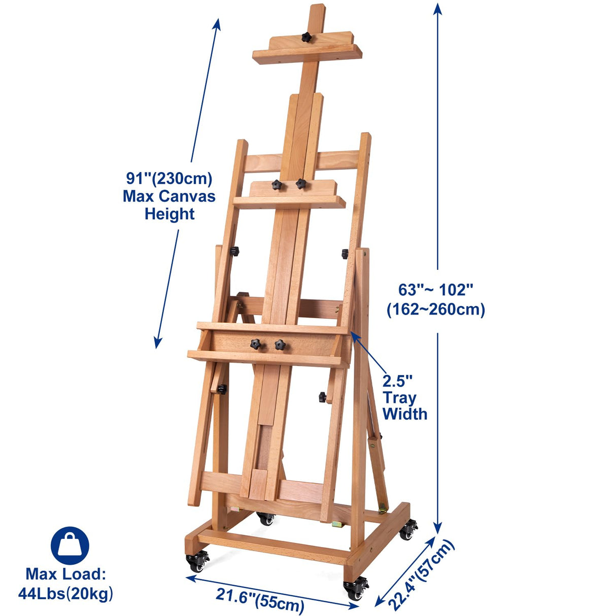 MERRIY Artist Extra- Large Multi-Function Studio Easel, H-Frame Art Easel, Tilts Flat, Solid Beech Wood Painting Easel Stand, Movable Floor Easel with Drawer & Silent Wheels, Holds 2 Canvas Up to 91" MERRIY