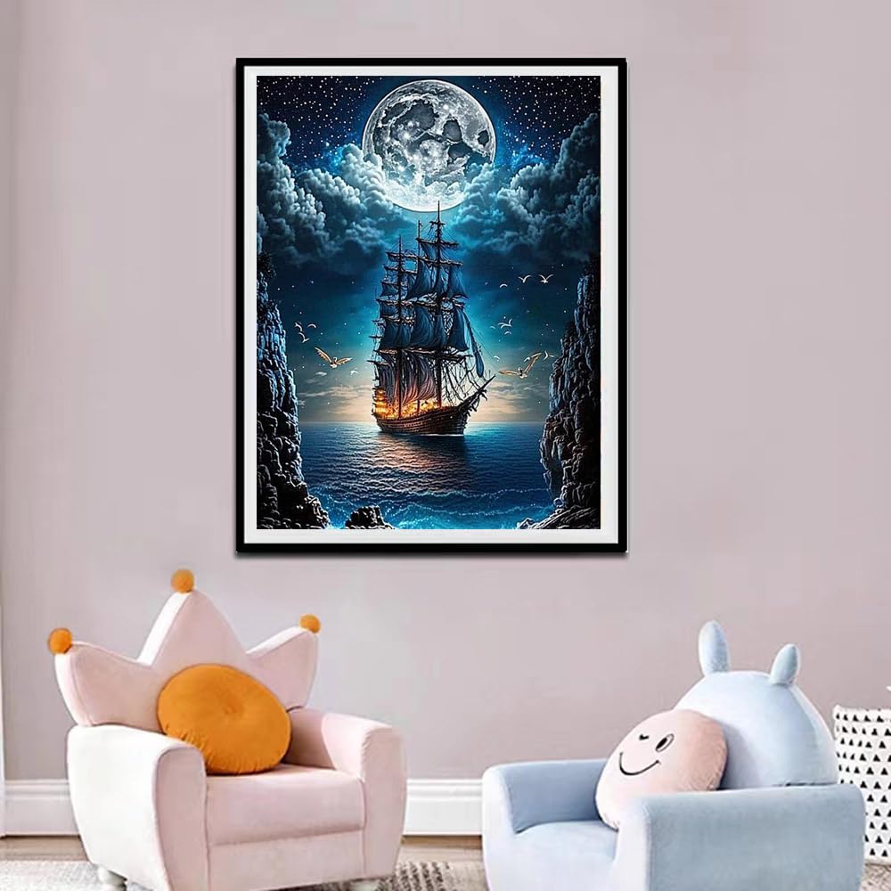 NEGHER 5D Landscape Diamond Painting Kits for Adults Beginner, DIY Steamship Moon, Full Round Drill Religious Gem Art Kits, Home Wall Decor 12x16 inch NEGHER