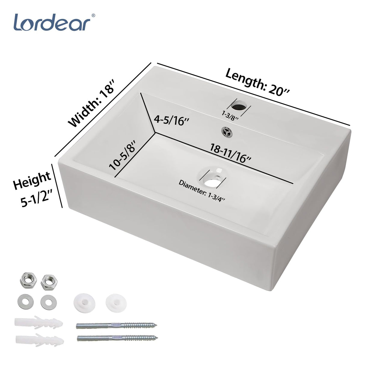 Lordear Floating Bathroom Sink Wall Mounted 21"x16" Bathroom Vessel Sink Free Standing Wall Hung Sink Rectangle White Porcelain Ceramic Vessel Vanity Sink Art Basin Lordear